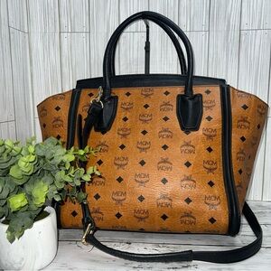 MCM Vintage Cognac Visetos Tote Bag Black Leather Trim Satchel Handbag